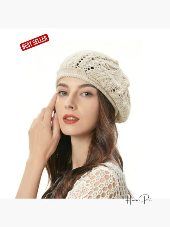 Crochet Beret Hat Handmade Floral Cutout Beanie Slouchy main image 6